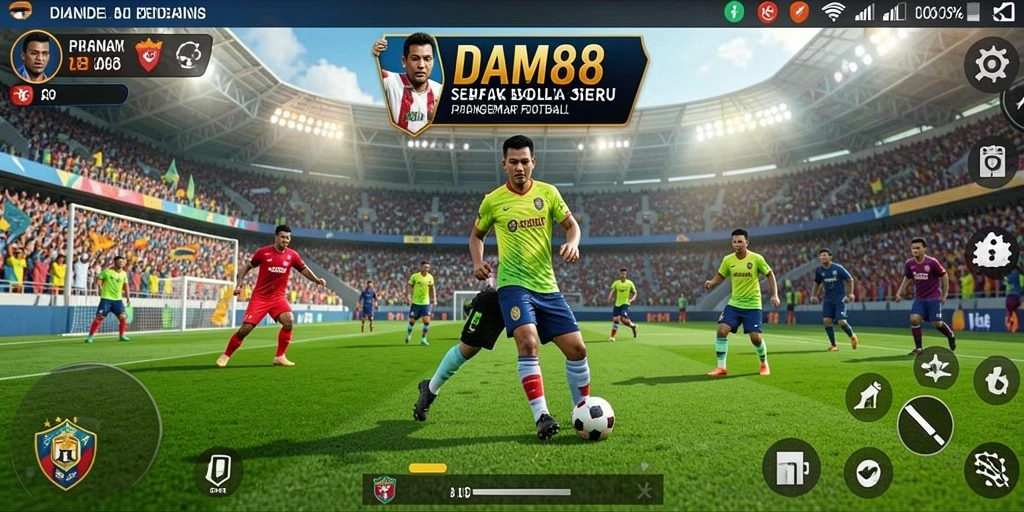 Tampilan gameplay <strong>DAM88</strong> dengan aksi sepak bola yang intens.