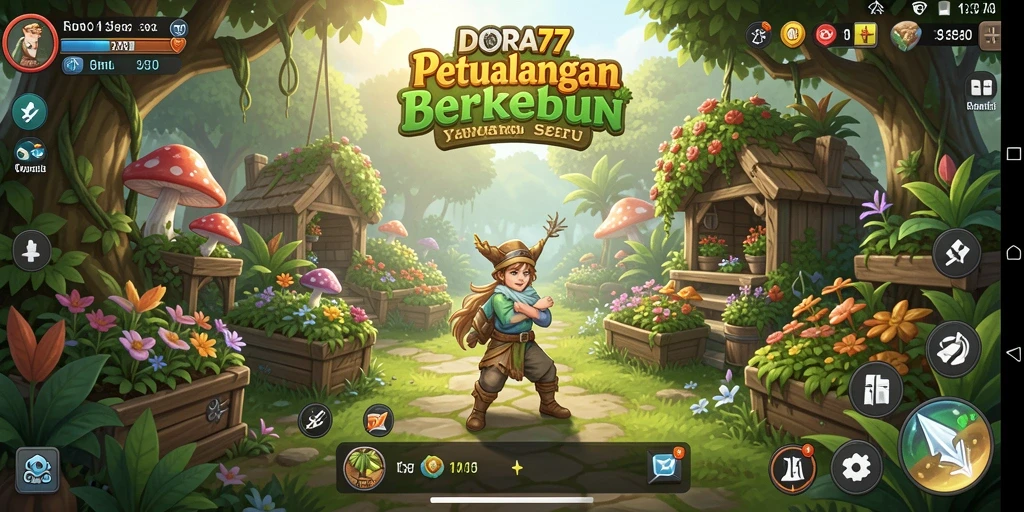 Tampilan gameplay DORA77 dengan kebun yang indah dan aktivitas berkebun.