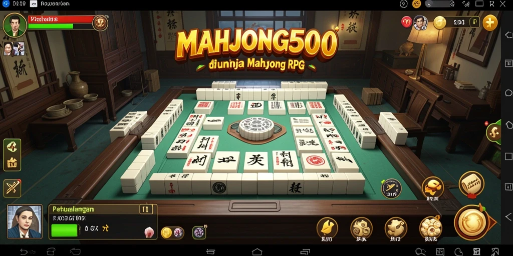 Screenshot gameplay MAHJONG500 menampilkan aksi seru di dunia Mahjong RPG.