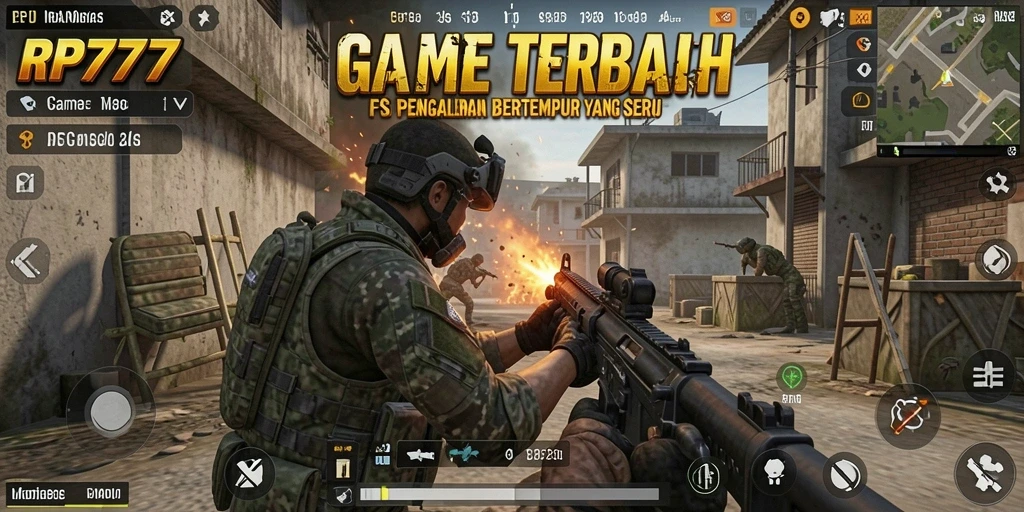 Tampilan gameplay RP777 yang menegangkan dalam pertempuran FPS.